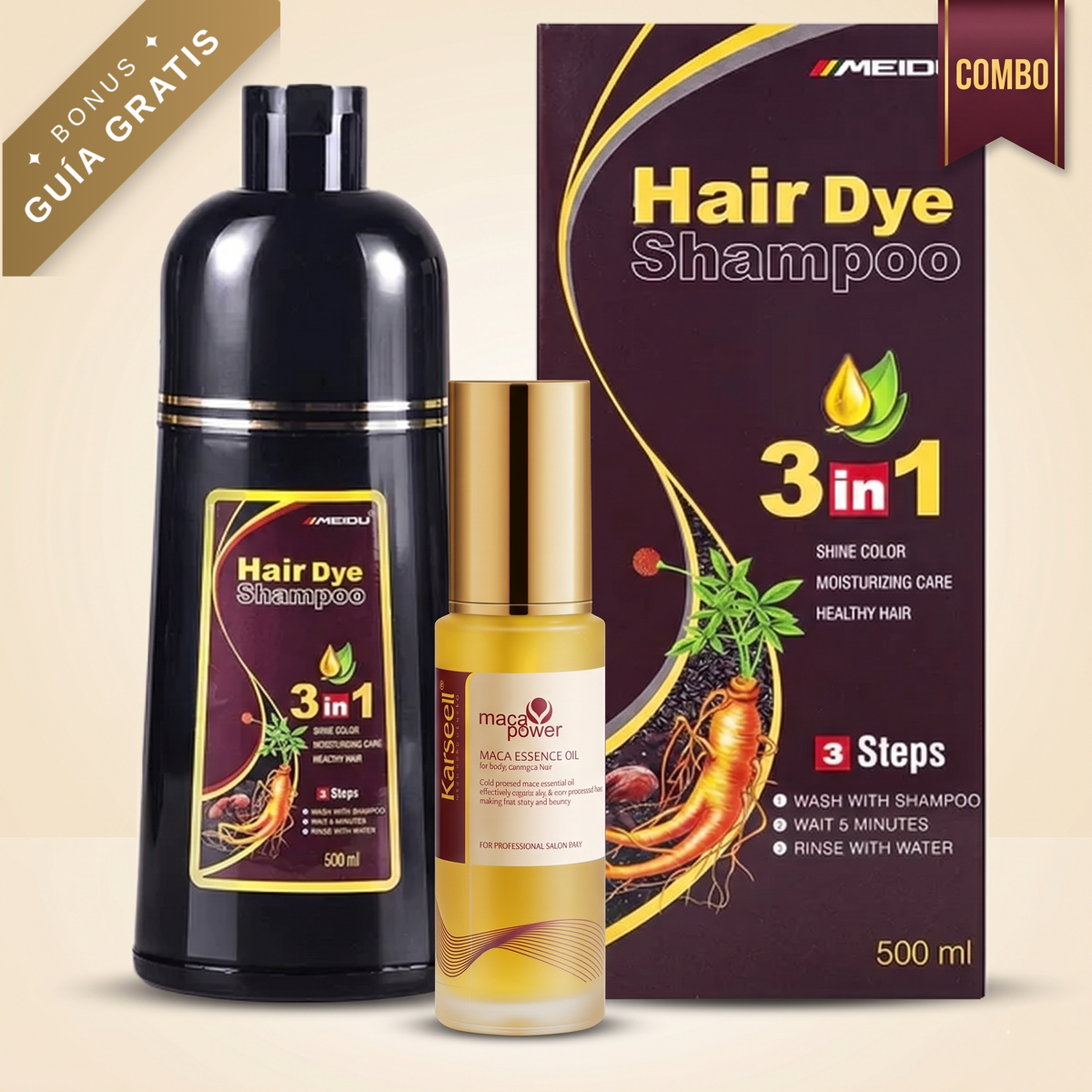 Combo Tinte 3 en 1 + Aceite de Argán Karseell + Guía Digital — Cubre Canas y Repara tu Cabello en Casa