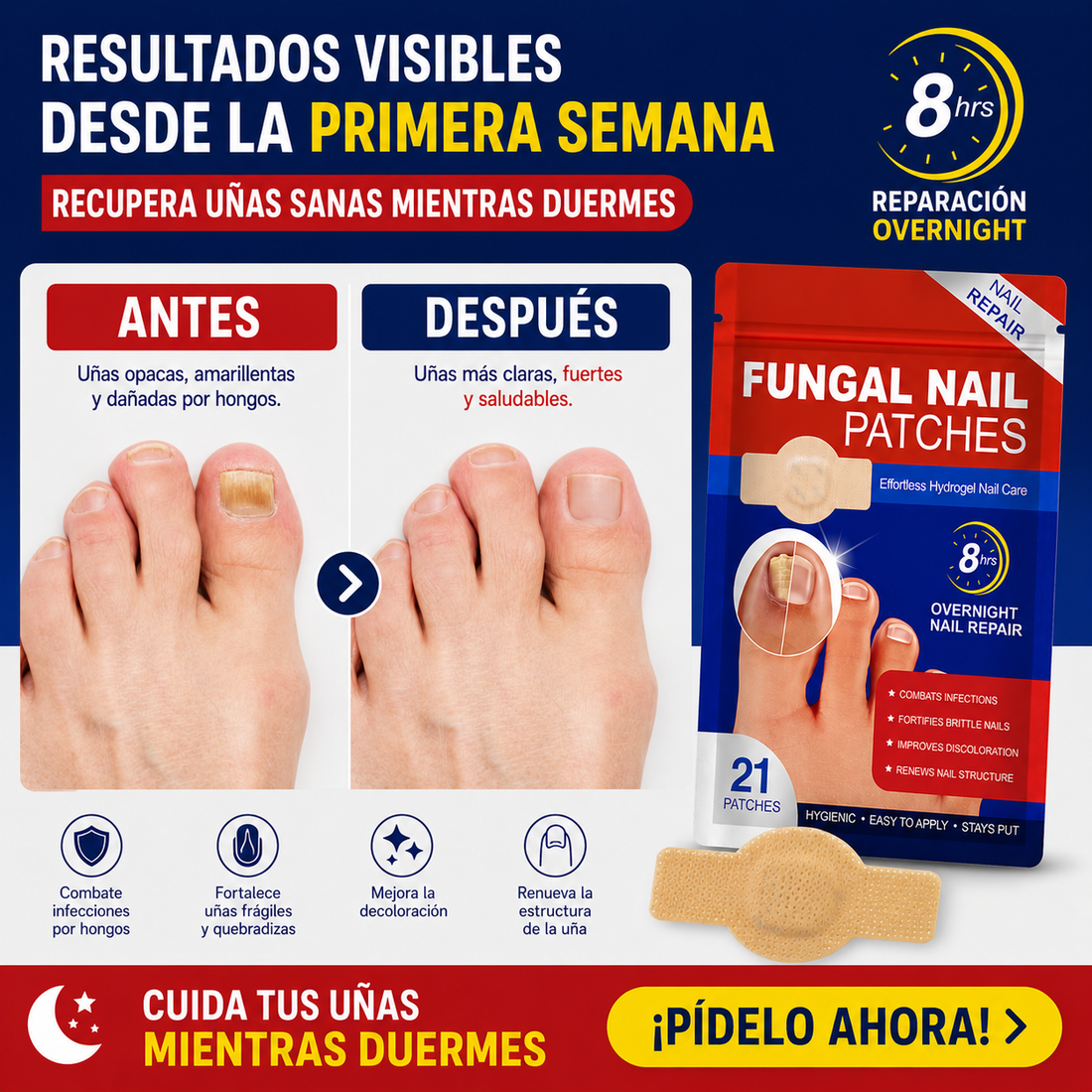 Recupera uñas sanas mientras duermes — combate hongos, fortalece uñas frágiles, mejora la decoloración y renueva la estructura