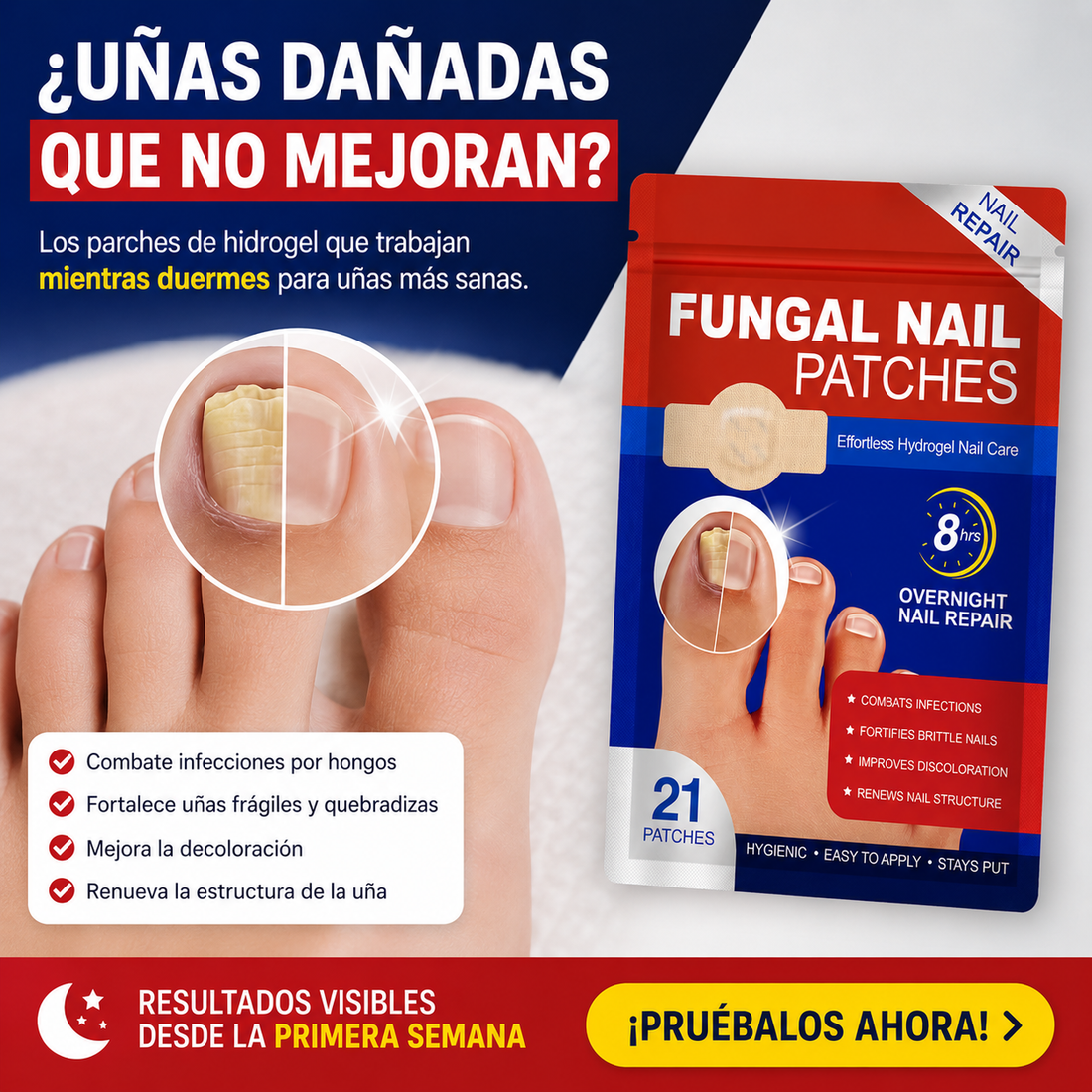 Recupera uñas sanas mientras duermes — Tecnología de hidrogel — 8 horas de reparación overnight con resultados desde la primera semana