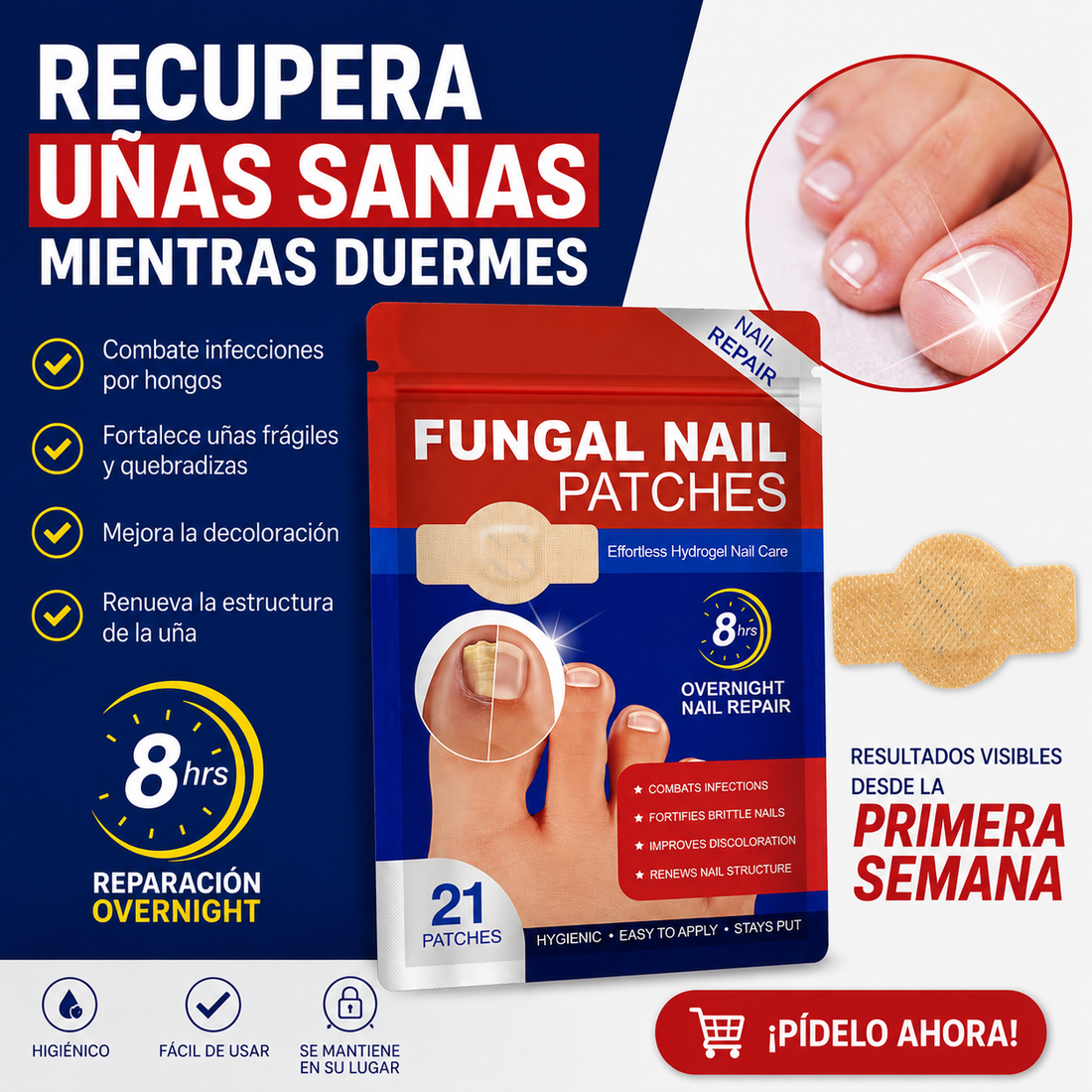 Antes y después — Uñas opacas y dañadas se convierten en uñas claras, fuertes y saludables — Resultados visibles desde la primera semana